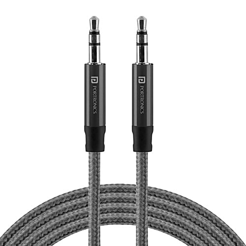 Portronics Aux 5 Stereo Audio AUX Cable - 1.5 m Length, 3.5 mm Metal Head Connector, Grey, 1 pc Nylon Braided with Universal Compatibility