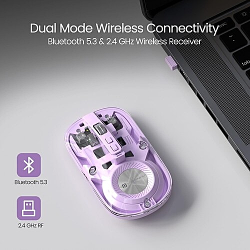 Portronics Toad 8 Transparent Wireless Bluetooth Mouse - Multi-Device Pairing, Rechargeable Battery, Purple, 1 Unit Dual Mode Wireless Connectivity, Noise-Free Clicking, Show/Hide Desktop, Adjust Sensitivity