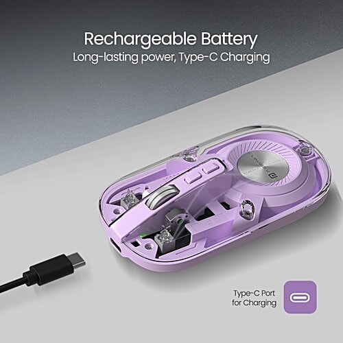 Portronics Toad 8 Transparent Wireless Bluetooth Mouse - Multi-Device Pairing, Rechargeable Battery, Purple, 1 Unit Dual Mode Wireless Connectivity, Noise-Free Clicking, Show/Hide Desktop, Adjust Sensitivity