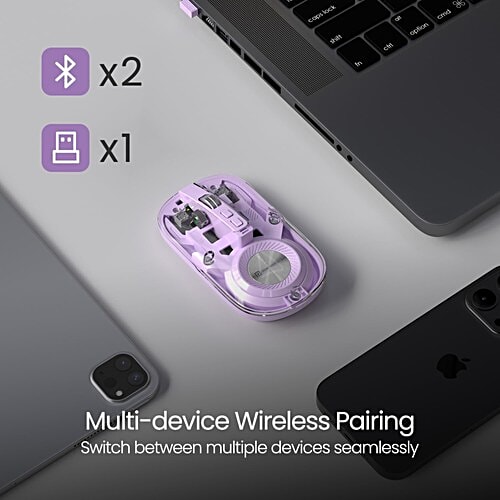 Portronics Toad 8 Transparent Wireless Bluetooth Mouse - Multi-Device Pairing, Rechargeable Battery, Purple, 1 Unit Dual Mode Wireless Connectivity, Noise-Free Clicking, Show/Hide Desktop, Adjust Sensitivity