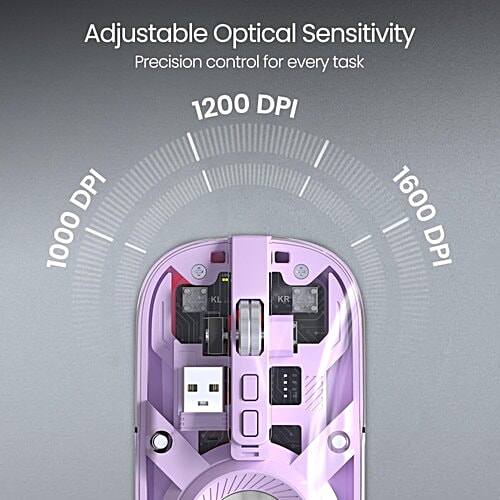 Portronics Toad 8 Transparent Wireless Bluetooth Mouse - Multi-Device Pairing, Rechargeable Battery, Purple, 1 Unit Dual Mode Wireless Connectivity, Noise-Free Clicking, Show/Hide Desktop, Adjust Sensitivity