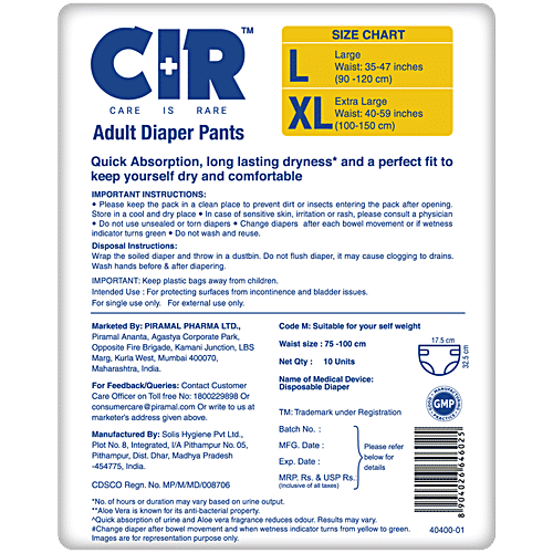 CIR Unisex Adult Diaper Pants - Medium, 10 pcs All Night Protection, With Goodness of Aloe Vera, Breathable Material, Prevents Thigh Leakage, Wetness Indicator