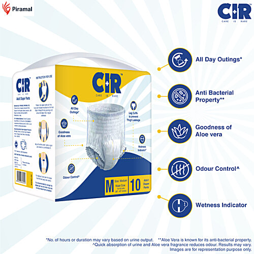 CIR Unisex Adult Diaper Pants - Medium, 10 pcs All Night Protection, With Goodness of Aloe Vera, Breathable Material, Prevents Thigh Leakage, Wetness Indicator