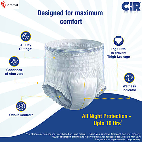 CIR Unisex Adult Diaper Pants - Medium, 10 pcs All Night Protection, With Goodness of Aloe Vera, Breathable Material, Prevents Thigh Leakage, Wetness Indicator