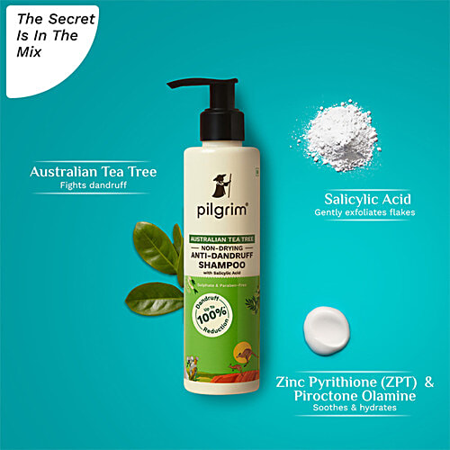 Pilgrim Australian Tea Tree Non-Drying Anti-Dandruff Shampoo With Salicylic Acid, 200 ml  Sulphate & Paraben Free, Removes Dandruff Causing Bacteria, Gently Cleanses & Exfoliates Scalp