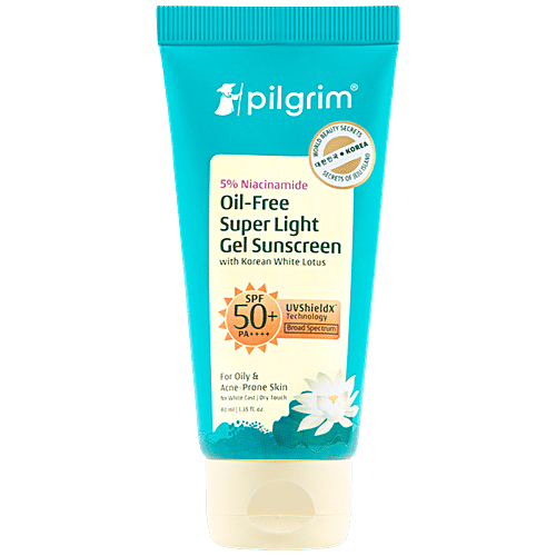 Pilgrim 5% Niacinamide Oil-Free Super Light Gel Sunscreen SPF 50+ PA++++, 40 ml  With Korean White Lotus, For Oily & Acne Prone Skin, No White Cast