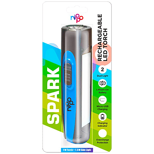 Nippo Spark Rechargeable 1W LED Torch With 1.5W Side Light - Micro USB Charging, 1 pc Dual Light, 600 mAh Lithium-Ion Battery, Fast USB Charging Under 1.5 Hrs, Overcharge Protection
