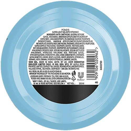 Ponds Hydra Miracle Super Light Gel - Hyaluronic Acid & Vitamin C, 200 g  
