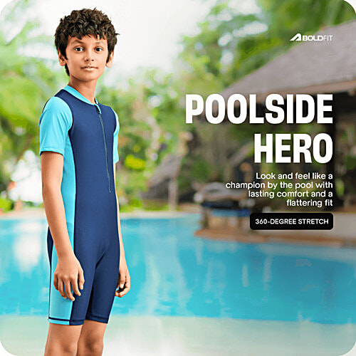 Boldfit Kids Swimming Dress One Piece Swimsuit For Boys - Light & Dark Blue, 1 pc (Size L)