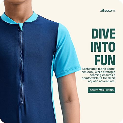 Boldfit Kids Swimming Dress One Piece Swimsuit For Boys - Light & Dark Blue, 1 pc (Size L)