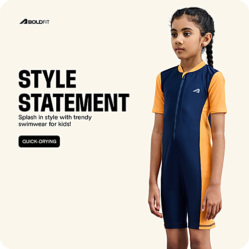 Boldfit One-Piece Swimsuit Zipper, Knee-Length Kids Swim Wear Girls - Blue & Orange, 1 pc (Size M) 