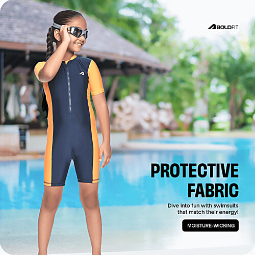 Boldfit One-Piece Swimsuit Zipper, Knee-Length Kids Swim Wear Girls - Blue & Orange, 1 pc (Size M) 