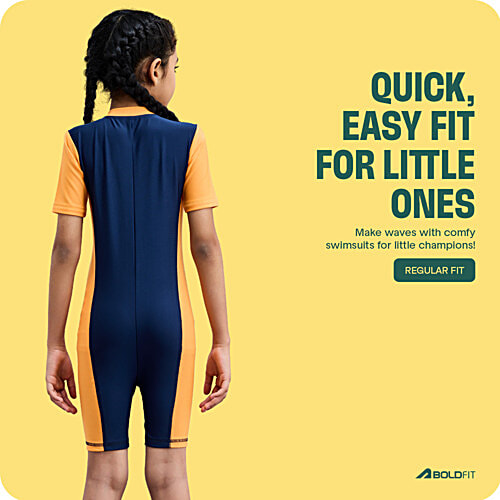 Boldfit One-Piece Swimsuit Zipper, Knee-Length Kids Swim Wear Girls - Blue & Orange, 1 pc (Size M) 