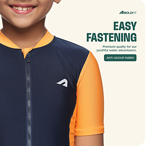 Boldfit One-Piece Swimsuit Zipper, Knee-Length Kids Swim Wear Girls - Blue & Orange, 1 pc (Size M) 