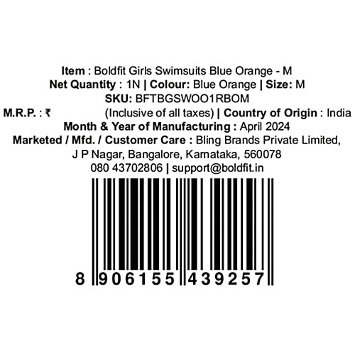 Boldfit One-Piece Swimsuit Zipper, Knee-Length Kids Swim Wear Girls - Blue & Orange, 1 pc (Size M) 