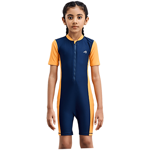 Boldfit One-Piece Swimsuit Zipper, Knee-Length Kids Swim Wear Girls - Blue & Orange, 1 pc (Size M) 