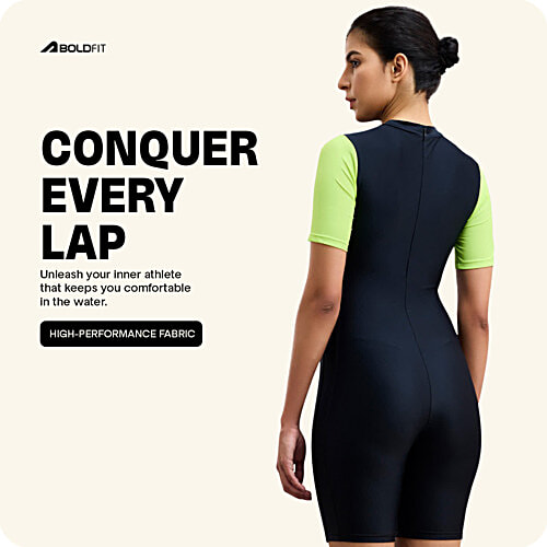 Boldfit One-Piece Swimsuit Stretchable, Knee-Length, Flexible Fit Swimwear For Women - Black & Green, 1 pc (Size M) 