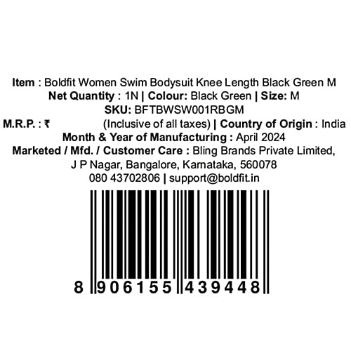 Boldfit One-Piece Swimsuit Stretchable, Knee-Length, Flexible Fit Swimwear For Women - Black & Green, 1 pc (Size M) 