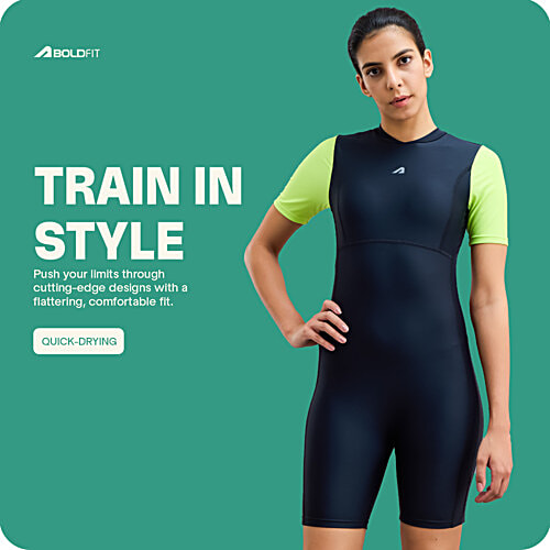 Boldfit One-Piece Swimsuit Stretchable, Knee-Length, Flexible Fit Swimwear For Women - Black & Green, 1 pc (Size L) 