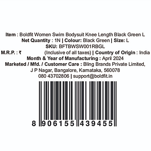 Boldfit One-Piece Swimsuit Stretchable, Knee-Length, Flexible Fit Swimwear For Women - Black & Green, 1 pc (Size L) 