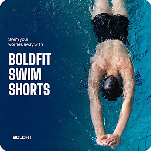 Boldfit Men's Swimming Shorts Breathable, Quick-Dry, Adjustable Swim Trunks For Men & Boys - Black & Blue, 1 pc (Size L)