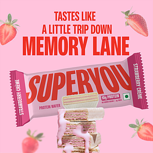 Superyou Strawberry Creme Protein Wafer Bar, 40 g No Added Sugar, 10 g Protein, 3 g Fibre