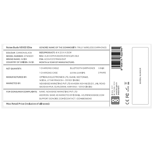 Noise Buds VS102 Elite Truly Wireless Bluetooth Earbuds - Carbon Black, 1 Unit  