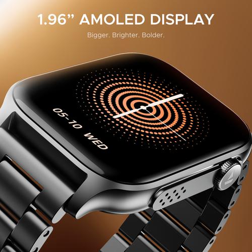 boAt Ultima Ember Smart Watch With 1.96” AMOLED Display, BT Calling, 100+ Sports Modes  - Steel Black, 1 pc  Functional Crown, 100+ Sports Modes, BT Calling, Camera & Music Control, IP68 Resistance, Custom Watch Faces