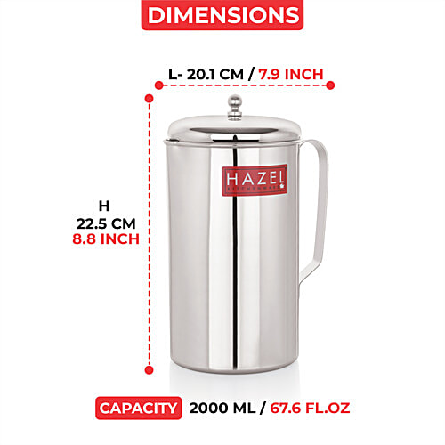 Hazel Stainless Steel Water Pitcher/Jug With Lid, 2 L
