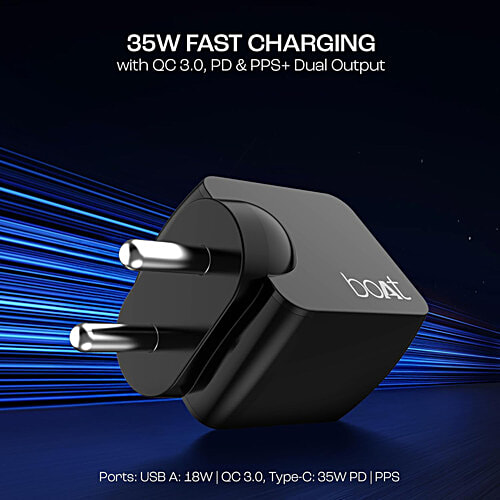 boAt Quick Charge 3.0 Dual Port 18W+18W Charger With Auto-Detect Charging & Advanced GaN Chip Technology - Sleek Black, 1 pc  