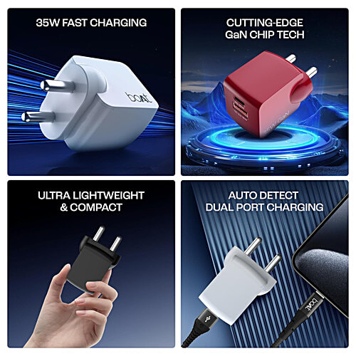 boAt Quick Charge 3.0 Dual Port 18W+18W Charger With Auto-Detect Charging & Advanced GaN Chip Technology - Sleek Black, 1 pc  