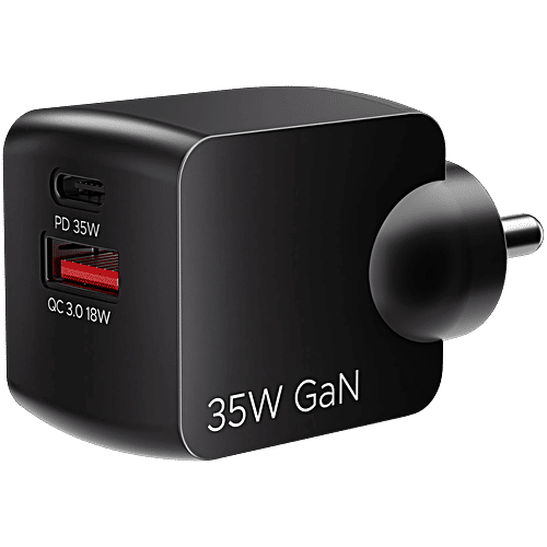 boAt Quick Charge 3.0 Dual Port 18W+18W Charger With Auto-Detect Charging & Advanced GaN Chip Technology - Sleek Black, 1 pc  