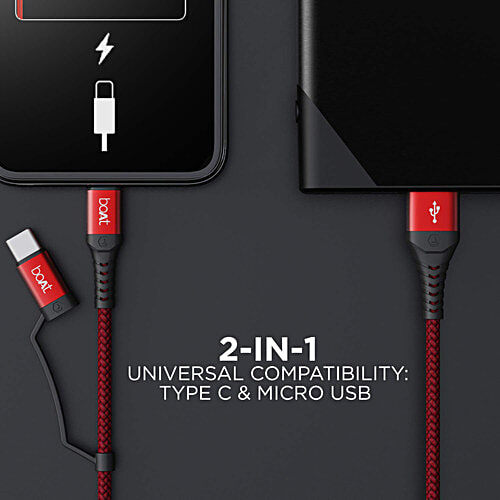 boAt Deuce USB 330 2-in-1 Type-C & Micro USB Cable, 3A Fast Charge, 480Mbps Data, 10,000+ Bends, 1.5m Length - Martian Red, 1 pc  