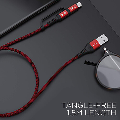 boAt Deuce USB 330 2-in-1 Type-C & Micro USB Cable, 3A Fast Charge, 480Mbps Data, 10,000+ Bends, 1.5m Length - Martian Red, 1 pc  