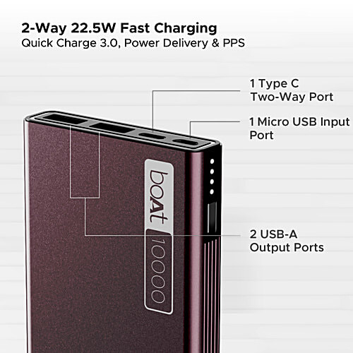 boAt Energyshroom PB300 Powerbank 10000mAh, 22.5W Fast Charging, 12-Layer Smart IC Protection, LED Indicators, Aluminium Casing - Burgundy, 1 pc  