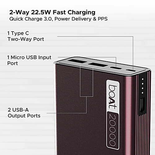 boAt Energyshroom PB400 20000mAh Power Bank w/ Built-In 12-layer Smart IC protection & 22.5W Fast Charging - Burgundy, 1 pc