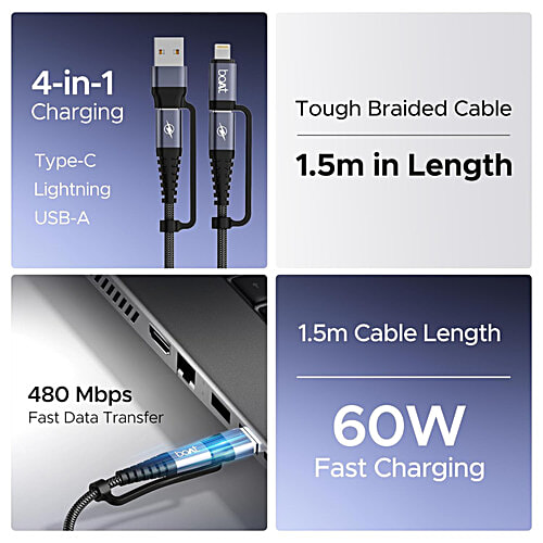 boAt FlexiCharge 400 Cable With 4-In-1 USB-A, Type-C & Lightning, 60W/3A PD Fast Charge, 480Mbps Sync & Swappable Heads - Carbon Black, 1 pc  