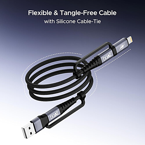 boAt FlexiCharge 400 Cable With 4-In-1 USB-A, Type-C & Lightning, 60W/3A PD Fast Charge, 480Mbps Sync & Swappable Heads - Carbon Black, 1 pc  
