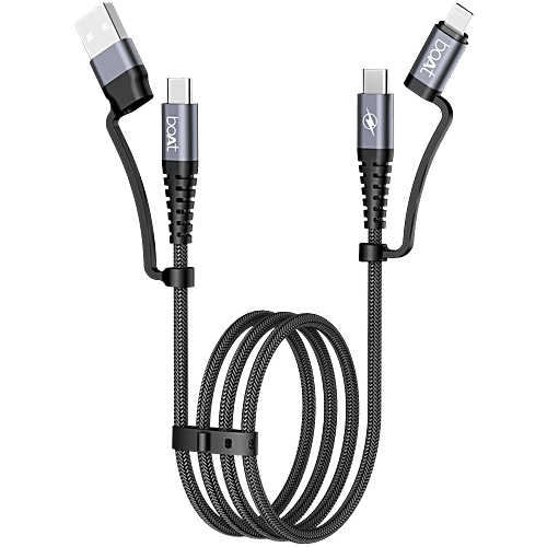 boAt FlexiCharge 400 Cable With 4-In-1 USB-A, Type-C & Lightning, 60W/3A PD Fast Charge, 480Mbps Sync & Swappable Heads - Carbon Black, 1 pc  