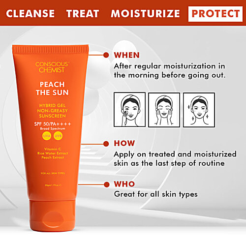 Conscious Chemist Peach The Sun Hybrid Gel Non-Greasy Sunscreen SPF 50 PA++++, 50 g  With Vitamin C/Rice Water Extract/Peach Extract, For All Skin Types, Broad Spectrum, UVA &UVB Protection