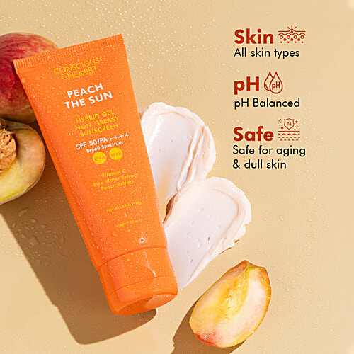 Conscious Chemist Peach The Sun Hybrid Gel Non-Greasy Sunscreen SPF 50 PA++++, 50 g  With Vitamin C/Rice Water Extract/Peach Extract, For All Skin Types, Broad Spectrum, UVA &UVB Protection