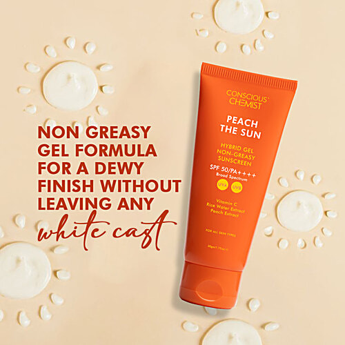 Conscious Chemist Peach The Sun Hybrid Gel Non-Greasy Sunscreen SPF 50 PA++++, 50 g  With Vitamin C/Rice Water Extract/Peach Extract, For All Skin Types, Broad Spectrum, UVA &UVB Protection