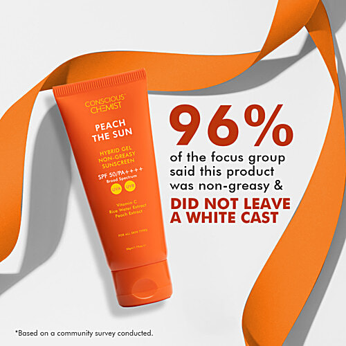 Conscious Chemist Peach The Sun Hybrid Gel Non-Greasy Sunscreen SPF 50 PA++++, 50 g  With Vitamin C/Rice Water Extract/Peach Extract, For All Skin Types, Broad Spectrum, UVA &UVB Protection