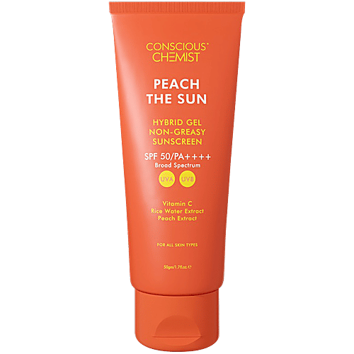 Conscious Chemist Peach The Sun Hybrid Gel Non-Greasy Sunscreen SPF 50 PA++++, 50 g  With Vitamin C/Rice Water Extract/Peach Extract, For All Skin Types, Broad Spectrum, UVA &UVB Protection
