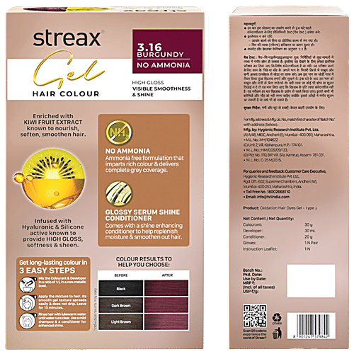 Streax Gel Hair Colour, 30 g + 30 ml 3.16 Burgundy No ammonia hair colour, 100% grey coverage