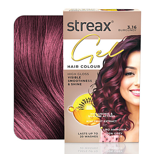 Streax Gel Hair Colour, 30 g + 30 ml 3.16 Burgundy No ammonia hair colour, 100% grey coverage