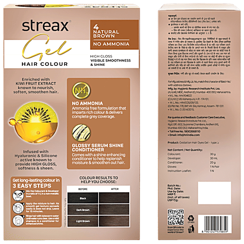 Streax Gel Hair Colour, 30 g + 30 ml 4 Natural Brown 100% grey coverage