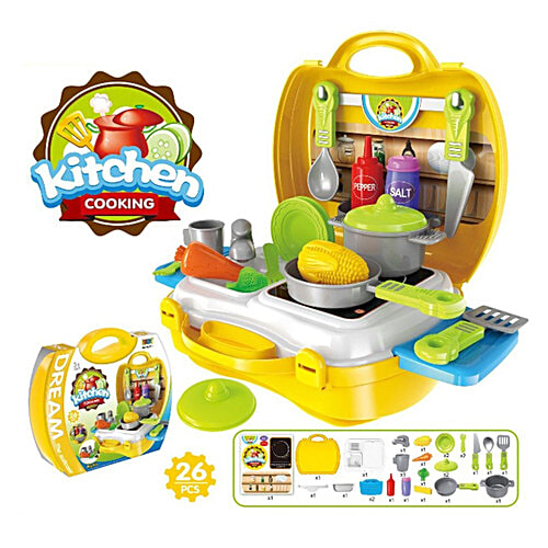 Toyshine Kitchen Cooking Toy Set - With Briefcase, Yellow, 26 pcs