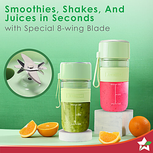 Wonderchef Nutri-cup Zip Portable Blender/Blend & Sip - Green, 350 ml Type C Charging, 2000 mAh Battery, 20 Blending Cycles in One Charge