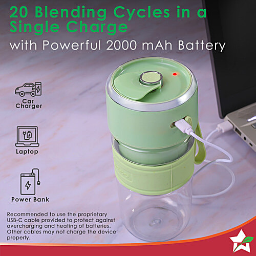 Wonderchef Nutri-cup Zip Portable Blender/Blend & Sip - Green, 350 ml Type C Charging, 2000 mAh Battery, 20 Blending Cycles in One Charge
